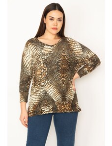 Şans Women's Plus Size Brown Patterned V-Neck Blouse