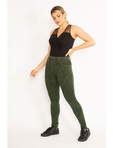 Şans Women's Large Size Green Wash Effect Front Ornamental Pocket Leggings Trousers