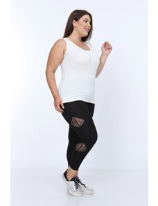 Şans Women's Plus Size Black Fishnet Lace Detail Leggings Trousers