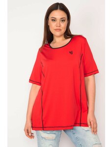 Şans Women's Plus Size Red Collar Webbing Sports Blouse