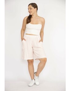Şans Women's Pink Large Size Striped Linen Woven Fabric Shorts with Elastic Waist Pockets