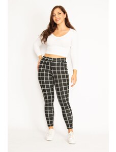 Şans Women's Plus Size Black Checkered Prints Grass Stitched Leggings