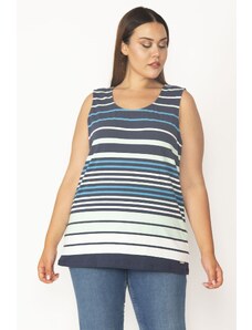 Şans Women's Plus Size Colorful Cotton Lycra Striped Tank Top Shirt