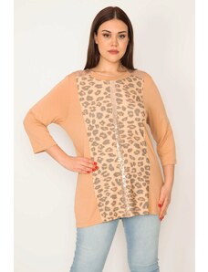 Şans Women's Plus Size Mink Sequin Detail Leopard Patterned Blouse