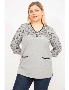Şans Women's Gray Plus Size Cotton Fabric Pocket Detailed Blouse