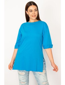 Şans Women's Plus Size Blue Double Sleeves Slit Blouse