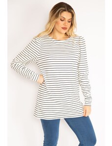 Şans Women's Plus Size Bone Crew Neck Striped Blouse