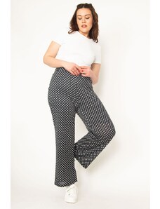 Şans Women's Plus Size Navy Blue Half Lined, Pointed Patterned Trousers with an Elastic Waist