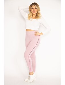 Şans Women's Plus Size Lilac Leggings with Sequin Detail on the Sides and Wide Elastic Waist