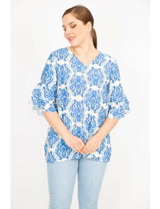 Şans Women's Blue Plus Size Flounce Sleeve V-Neck Blouse