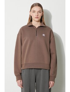 Mikina adidas Originals Essentials Halfzip Sweatshirt dámská, hnědá barva, s aplikací, IR5938