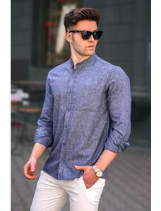 Madmext Men's Navy Blue Linen Straight Long Sleeve Shirt 5548