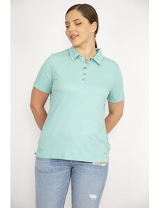 Şans Women's Green Plus Size Polo Collar Front Pat Buttoned Camisole Fabric Short Sleeve Blouse