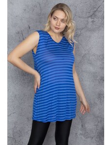 Şans Women's Plus Size Saks Thin Flush Viscose Fabric Striped Blouse