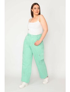 Şans Women's Large Size Green Cargo Pocket Jean Trousers