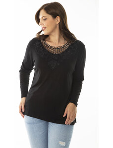 Şans Women's Plus Size Black Blouse with Lace Detail and Long Sleeves