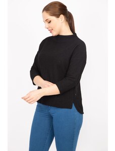 Şans Women's Black Plus Size Capri Sleeve Patterned Side Slit Blouse