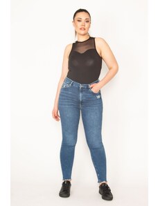 Şans Women's Plus Size Blue Ripped Detailed 5 Pocket Lycra Skinny Jean Pants