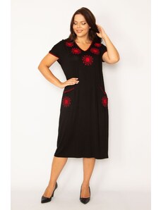 Şans Women's Plus Size Black Embroidered V-Neck Viscose Dress