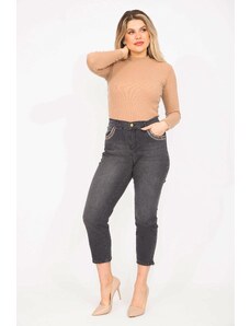 Şans Women's Large Size Anthracite Pocket Detailed Lycra 5 Pocket Jeans
