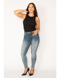 Şans Women's Plus Size Blue Washed Effect Cup Detail Skinny Jeans