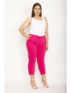 Şans Women's Plus Size Fuchsia Classic Fabric Pants with Side Pockets and Slits at Legs
