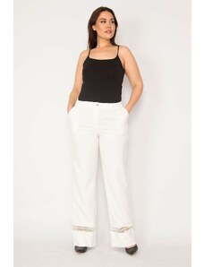 Şans Women's Plus Size Bone Trousers with Lace Detail and Pockets