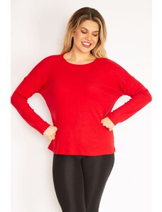 Şans Women's Plus Size Red Crewneck Striped Blouse