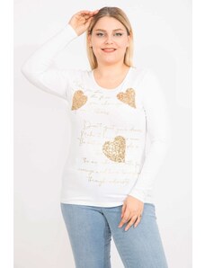 Şans Women's Plus Size White Lycra Blouse With Sequins And Print Detailed Long Sleeves
