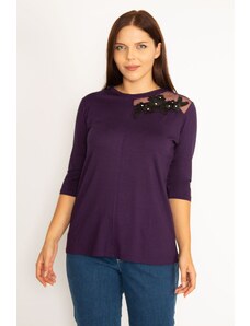 Şans Women's Plus Size Purple Applique And Tulle Detail Blouse