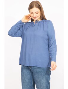 Şans Women's Indigo Plus Size Blouse with Collar Detailed