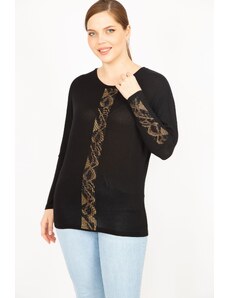 Şans Women's Black Plus Size Stone Detailed Long Sleeve Blouse