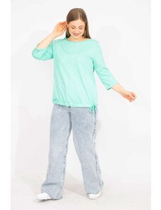 Şans Women's Green Plus Size Cotton Fabric Stripe Combined Blouse