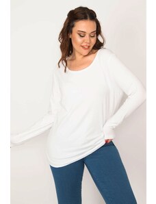 Şans Women's Plus Size White Cotton Fabric Crewneck Long Sleeve Blouse