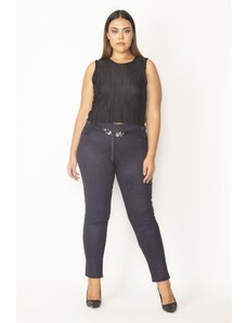 Şans Women's Plus Size Navy Blue Checkered Trousers with Belt and Accessory