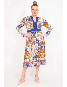Şans Women's Plus Size Colorful V-Neck Colorful Long Dress