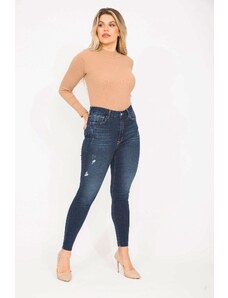 Şans Women's Large Size Navy Blue High Waist Ripped Detailed Skinny Jeans