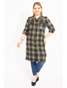 Şans Women's Plus Size Khaki Checkered Patterned Tunic Dress with Front Buttons and Faux Leather with Garnish