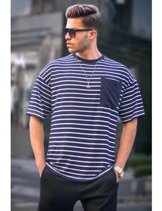 Madmext Men's Navy Blue Striped Basic T-Shirt 6084