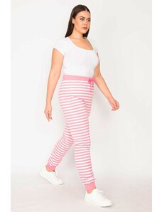 Şans Women's Plus Size Pink Cotton Fabric Eyelets Lace Detail Striped Leggings Trousers