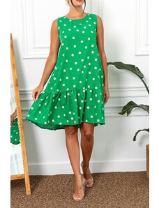 armonika Women's Green Daisy Pattern Sleeveless Frilly Skirt Dress