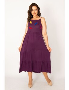 Şans Women's Large Size Purple Appliqued Layered Strap Dress