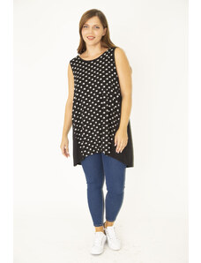 Şans Women's Plus Size Black Sleeveless Long Blouse with Side Cups and a Point Pattern Front