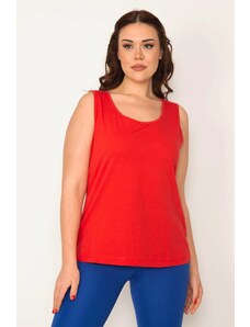 Şans Women's Plus Size Red Cotton Fabric Crew Neck Sleeveless Blouse