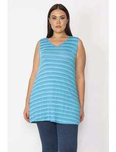 Şans Women's Large Size Blue V-Neck Viscose Striped Blouse