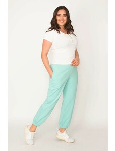 Şans Women's Green Cotton Fabric Inset Rack Trousers With Elastic Waist Pocket Detailed Trousers