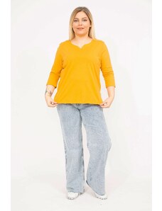 Şans Women's Mustard Plus Size Cotton Fabric V-Neck Capri Sleeves Sleeve Blouse
