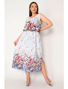 Şans Women's Plus Size Blue Elastic Waist Patterned Patterned Dress