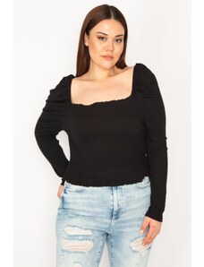 Şans Women's Plus Size Black Body Part Gipe Elastic Carmen Collar Long Sleeve Crop Blouse