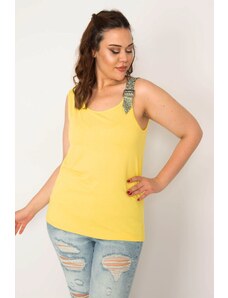 Şans Women's Plus Size Viscose Blouse with Yellow Straps and Stone Detail